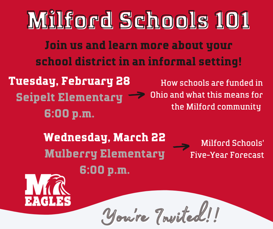 Milford Schools 101 poster 2/28 at 6pm and 3/22 at 6pm
